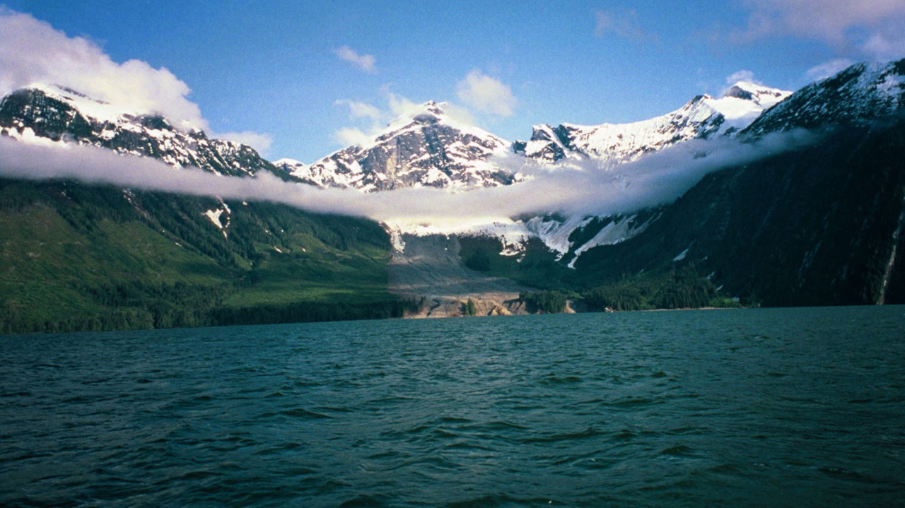 Knight Inlet panorama — snow-capped peaks and ancient rainforest